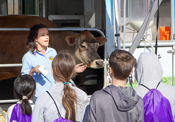 cow stands behind woman as she talks to students