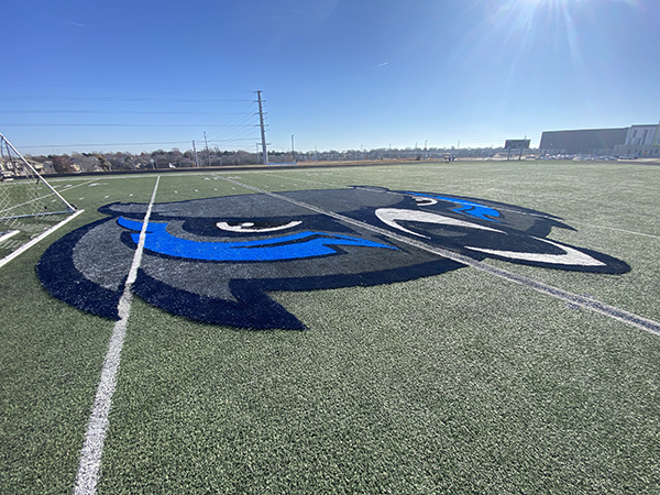 closeup of Owl logo on football field
