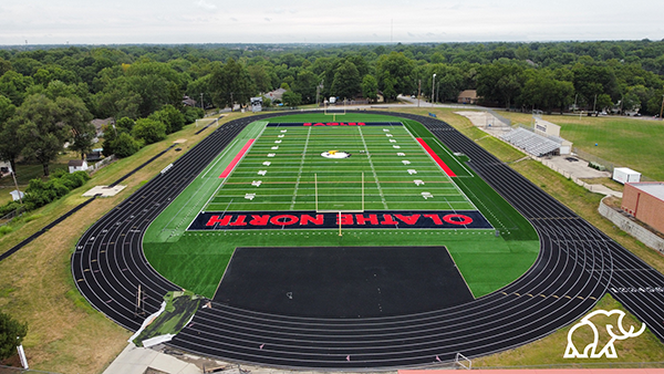 overhead view of new turf on football field