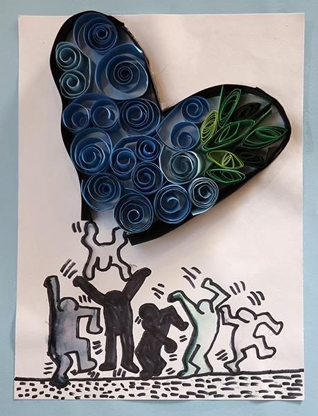 coil paper heart above cartoon people jumping and waving