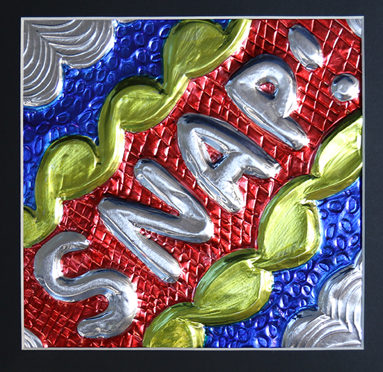 word SNAP formed in aluminum and colored with marker