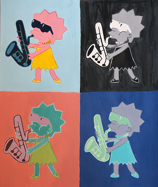 acrylic painting of cartoon character Lisa Simpson playing saxophone