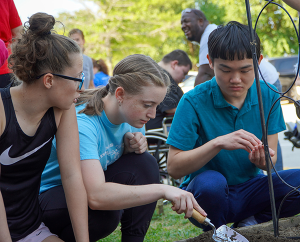 students plant seeds in the ground