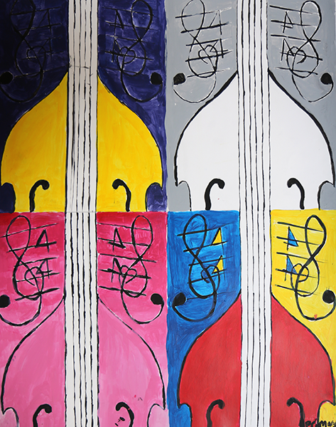 acrylic painting of four stringed instruments