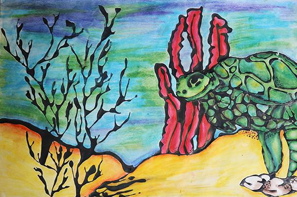 painting of underwater scene including sea turtle