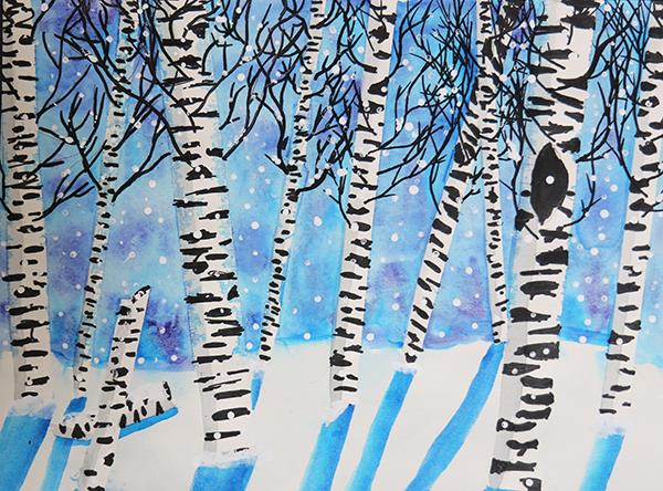 watercolor painting of trees with snow on them