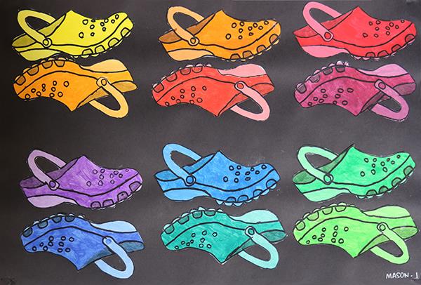 tempera painting of colorful Croc shoes