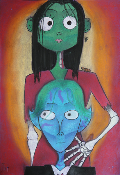 chalk pastel drawing of Tim Burton-like characters