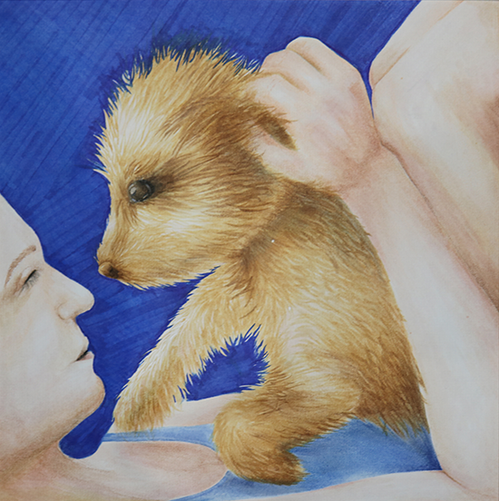 colorful marker drawing of girl holding puppy