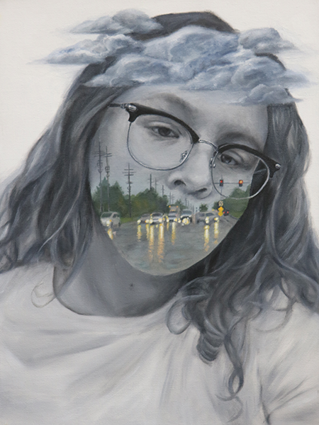 oil painting of girl's face with bits of landscape superimposed on her face