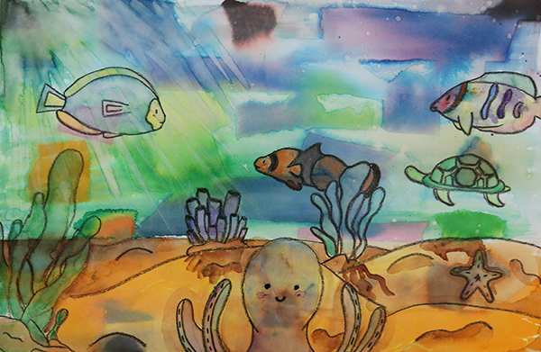 watercolor and crayon drawing of sea creatures