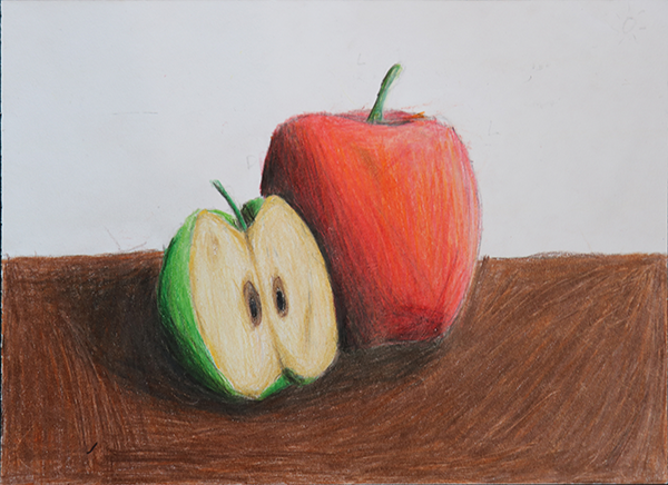 colored pencil drawing of two apples, one cut in half