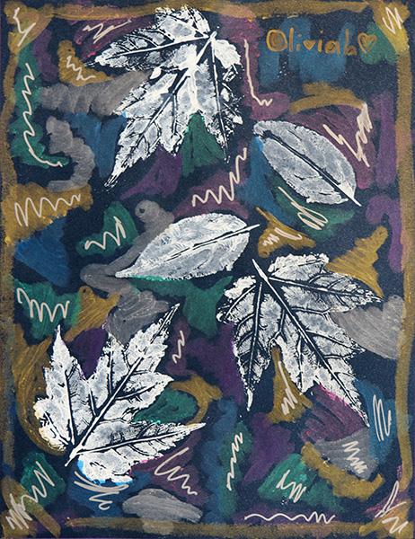 monoprint made from fall leaves and silver marker