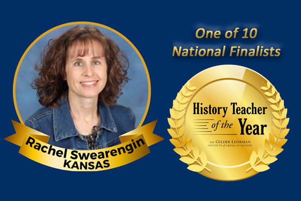 collage of Rachel's photo and History Teacher of the Year seal