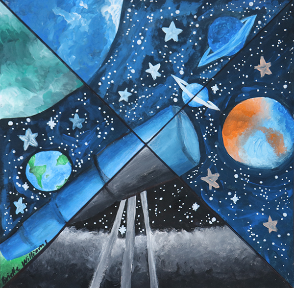 painting of space-related things like stars, telescope