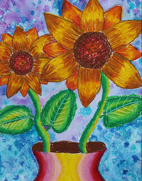 oil pastel and watercolor painting of sunflowers