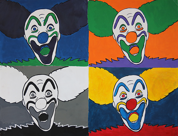 acrylic painting of four clowns