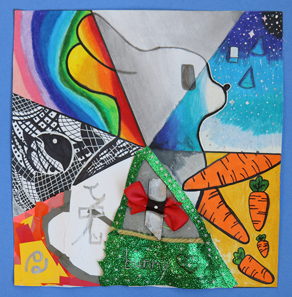mixed media art in several sections representing things related to a rabbit